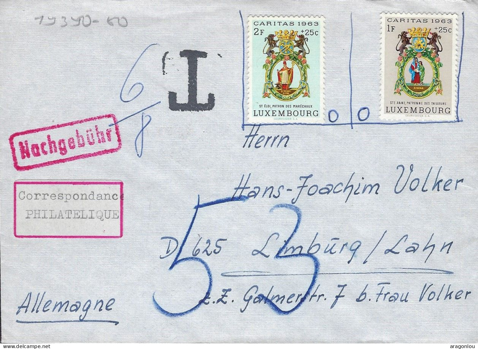Luxembourg - Luxemburg - Lettre   Taxes  1963  Nachgebühr     Adressiert An Herrn Joachim Volker , Limburg / Lahn - Portomarken