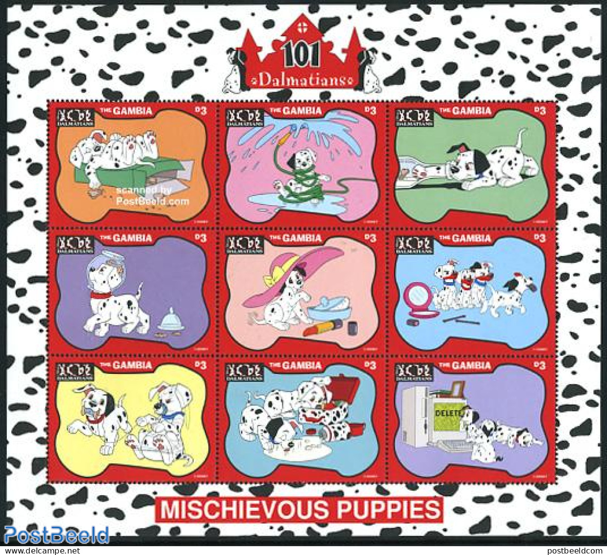 Gambia 1997 101 Dalmatians 9v M/s (9x3D), Mint NH, Nature - Dogs - Art - Disney - Disney