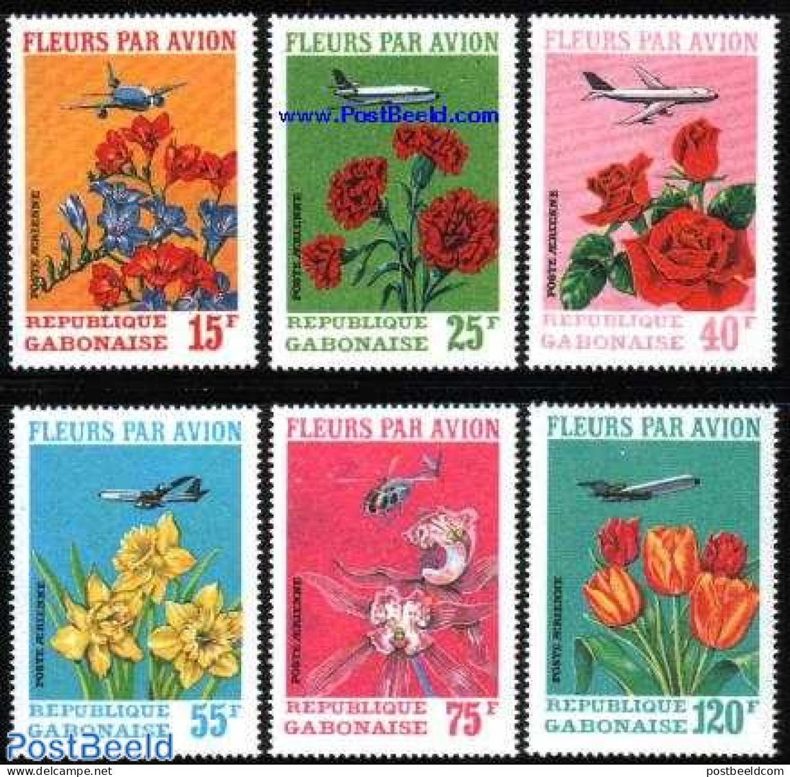 Gabon 1971 Flowers By Plane 6v, Mint NH, Nature - Transport - Flowers & Plants - Roses - Helicopters - Aircraft & Avia.. - Unused Stamps