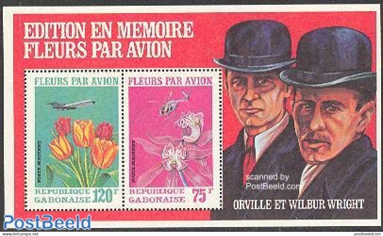 Gabon 1971 Flowers By Plane S/s, Mint NH, Nature - Transport - Flowers & Plants - Orchids - Helicopters - Aircraft & A.. - Unused Stamps