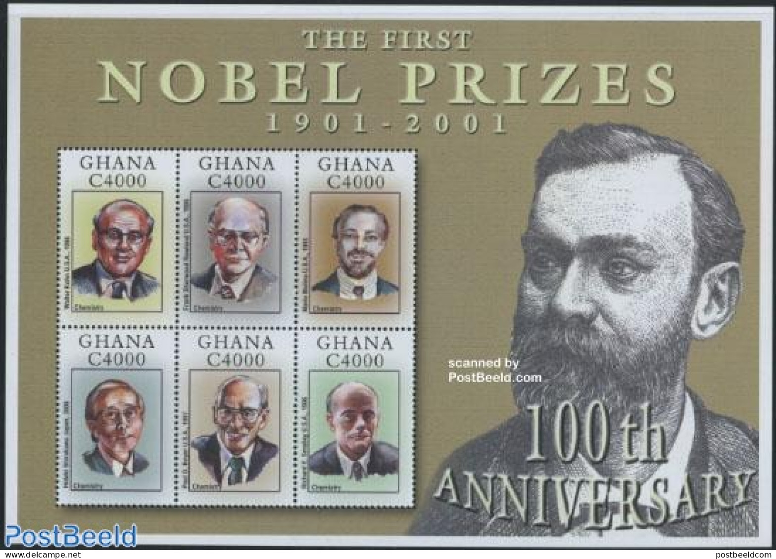 Ghana 2001 Nobel Prize 6v M/s, Walther Kohn, Mint NH, History - Science - Nobel Prize Winners - Chemistry & Chemists - Prix Nobel
