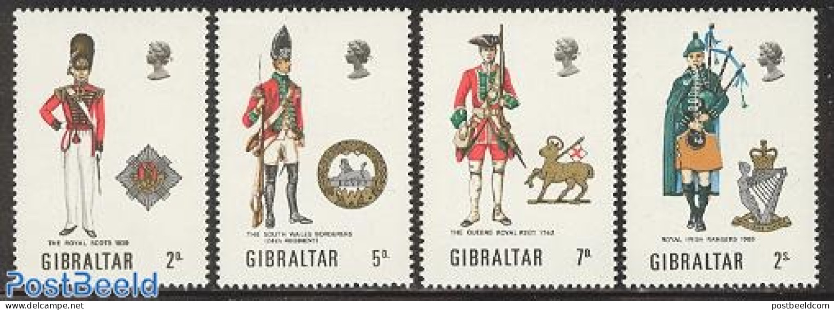 Gibraltar 1970 Uniforms 4v, Mint NH, History - Various - Coat Of Arms - Uniforms - Costumes