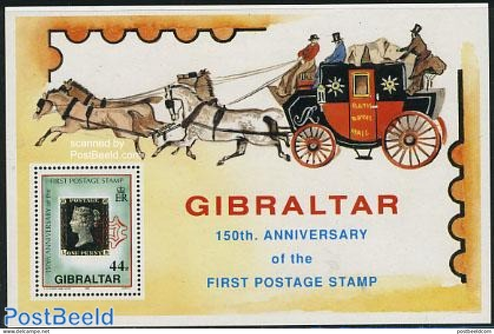 Gibraltar 1990 150 Years Stamps S/s, Mint NH, Transport - Stamps On Stamps - Coaches - Timbres Sur Timbres