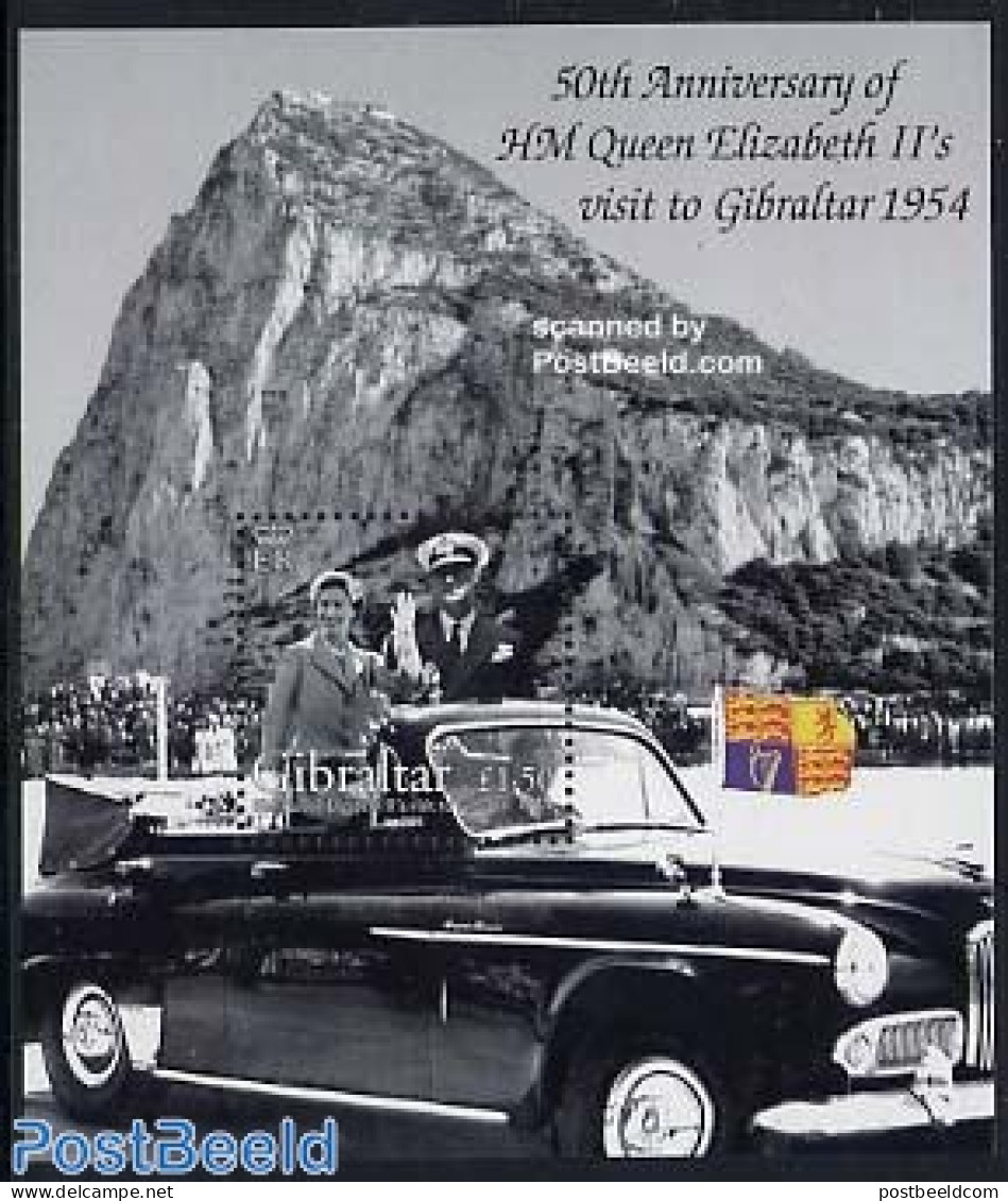 Gibraltar 2004 Royal Visit 1954 S/s, Mint NH, History - Transport - Flags - Kings & Queens (Royalty) - Automobiles - Royalties, Royals