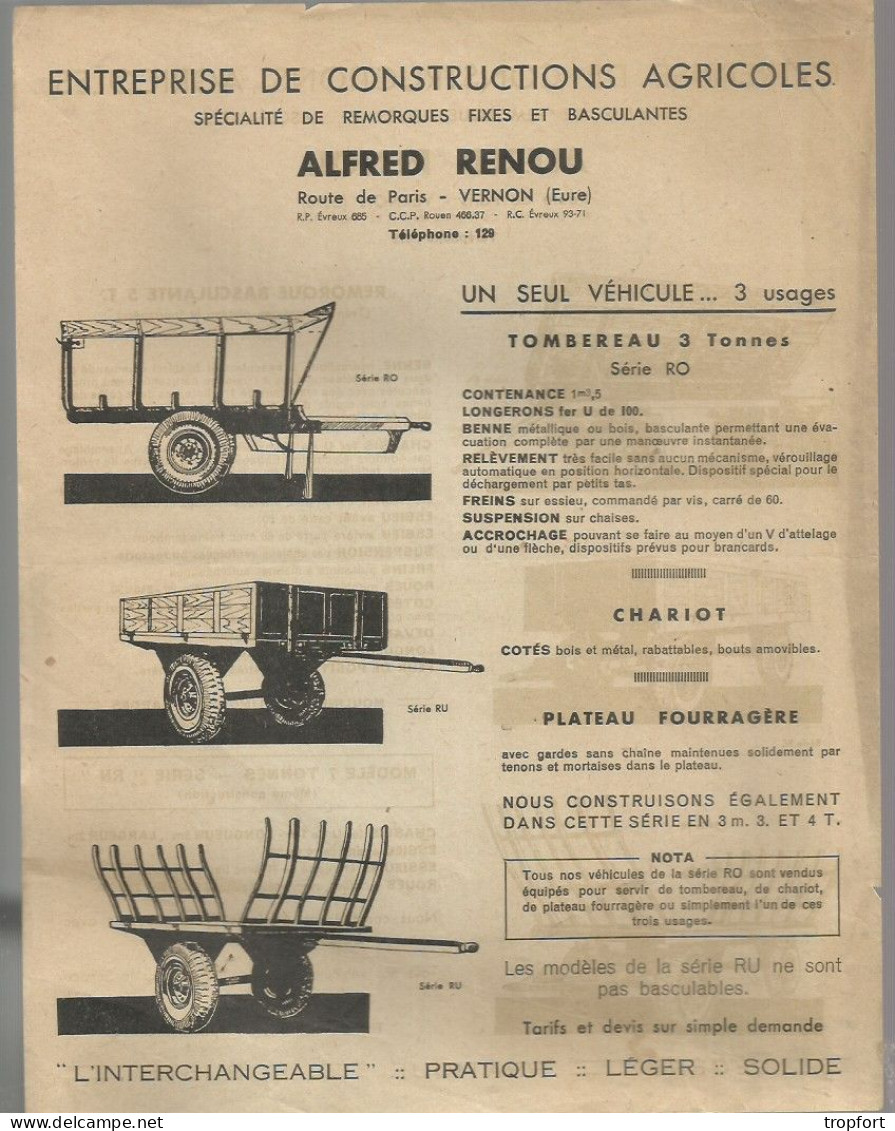 Page  Publicitaire  AGRICULTURE Agricole  Alfred RENOU  VERNON CHARIOT  PLATEAU TOMBEREAU - Publicités