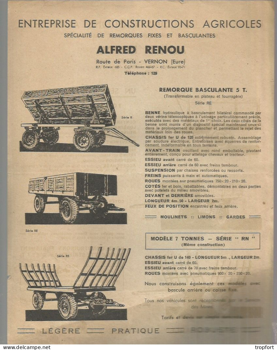 Page  Publicitaire  AGRICULTURE Agricole  Alfred RENOU  VERNON CHARIOT  PLATEAU TOMBEREAU - Publicités