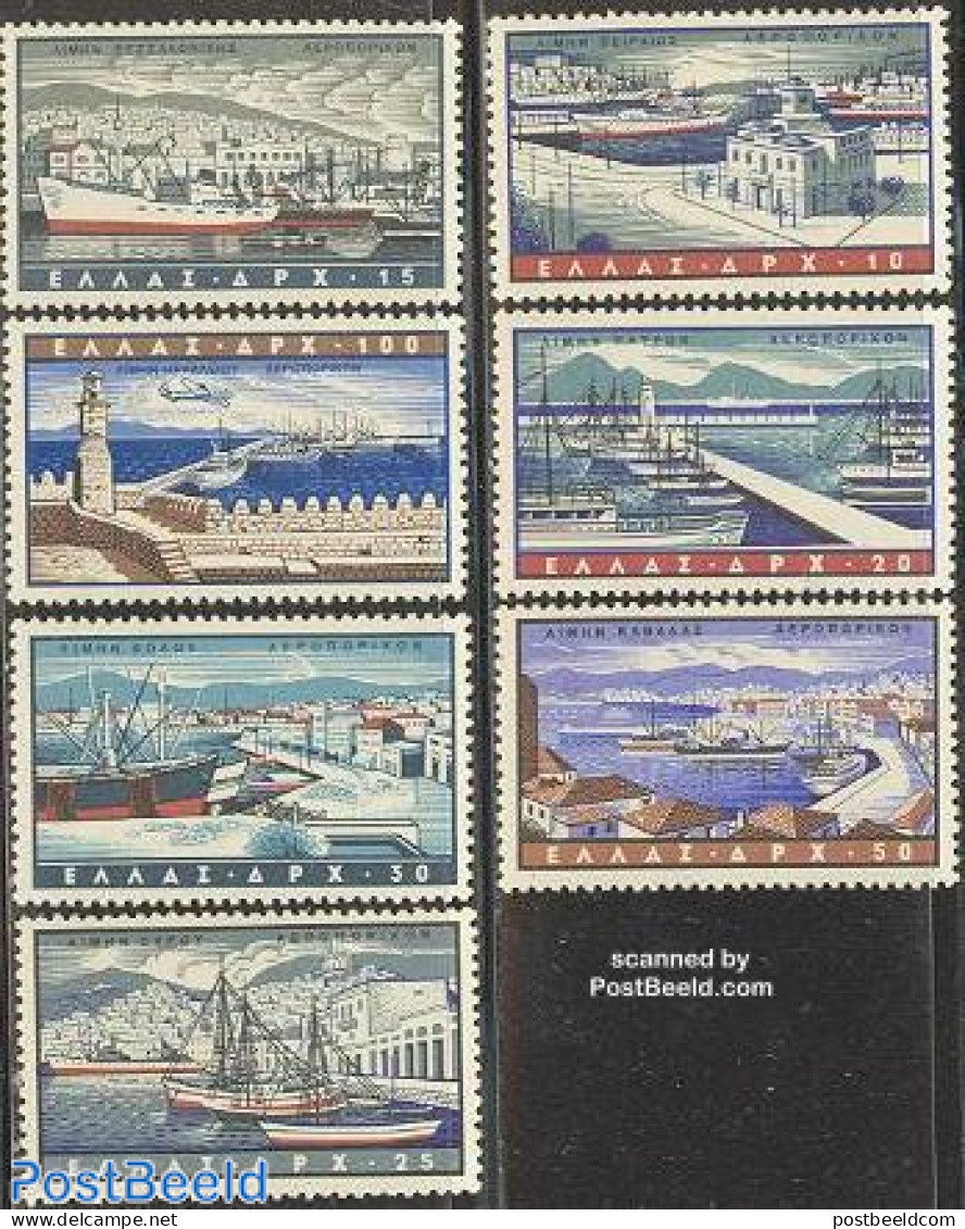 Greece 1958 Harbours 7v, Mint NH, Transport - Various - Ships And Boats - Lighthouses & Safety At Sea - Ongebruikt