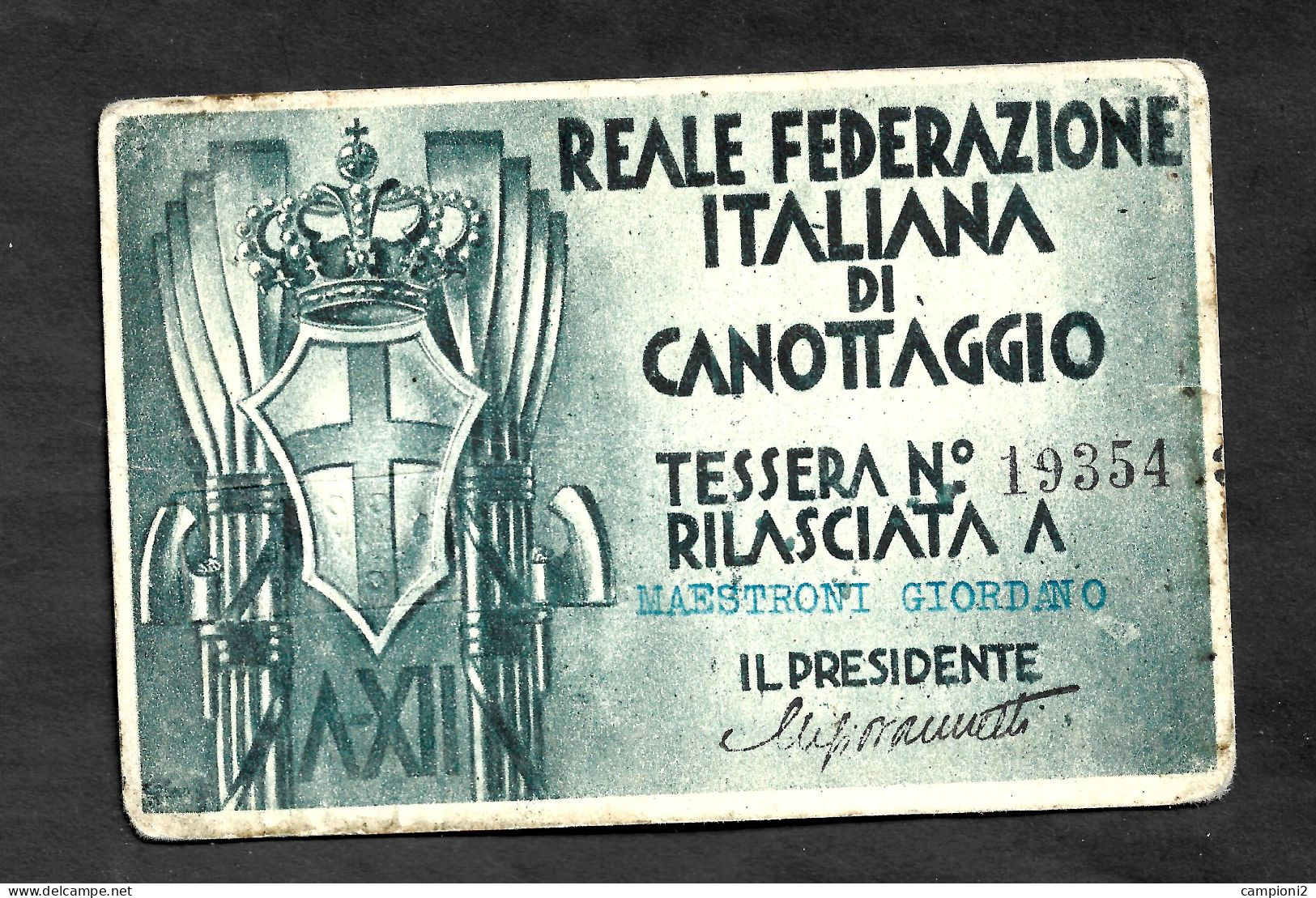 Tessera Della Reale Federazione Italiana Di Canottaggio Rilasciata Nel 1935. Intestata. - Cartes De Membre