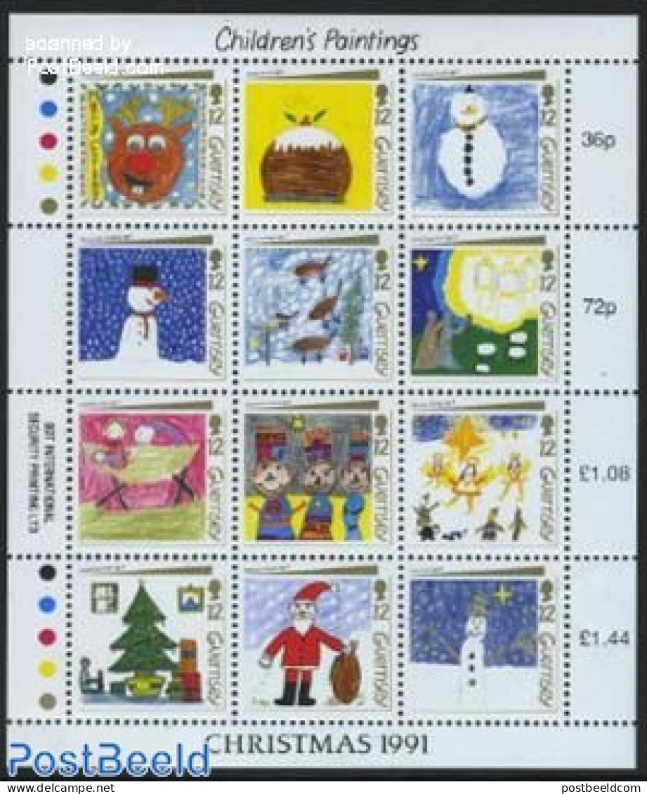 Guernsey 1991 Christmas 12v M/s, Mint NH, Nature - Religion - Cats - Christmas - Art - Children Drawings - Christmas