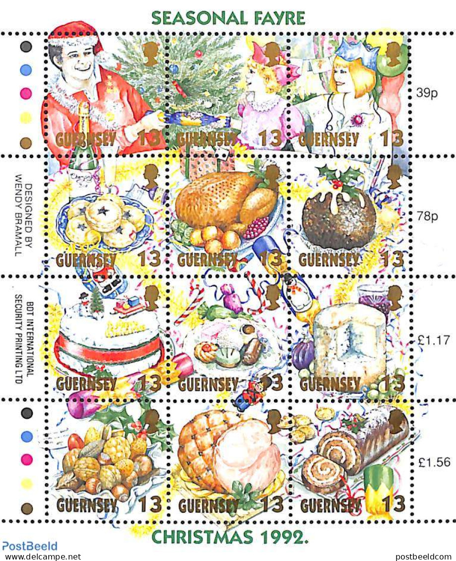 Guernsey 1992 Christmas, Food 12v M/s, Mint NH, Health - Religion - Food & Drink - Christmas - Food