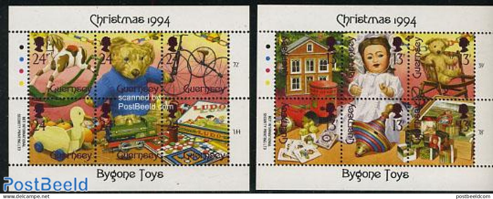 Guernsey 1994 Christmas, Toys 2 S/s, Mint NH, Nature - Religion - Sport - Transport - Various - Bears - Dogs - Ducks -.. - Noël
