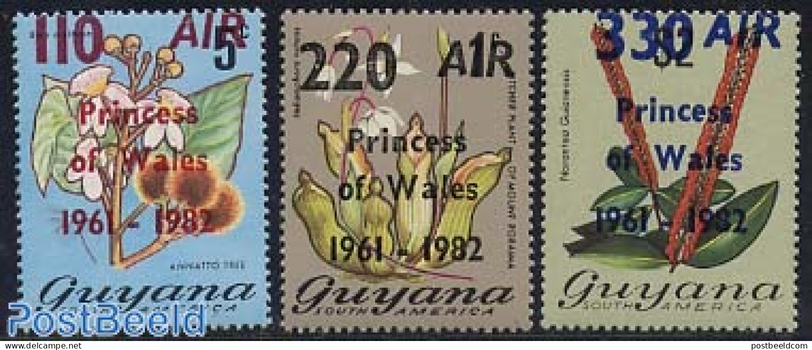 Guyana 1982 Princess Of Wales 3v, Overprints, Mint NH, History - Nature - Charles & Diana - Flowers & Plants - Familles Royales