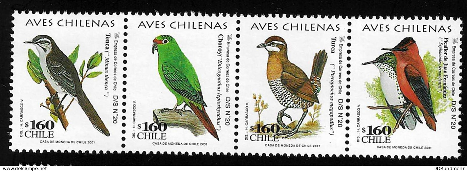 2001 Birds Michel CL 2003 - 2006 Stamp Number CL 1356a - 1356d Yvert Et Tellier CL 1580 - 1583 Xx MNH - Chili