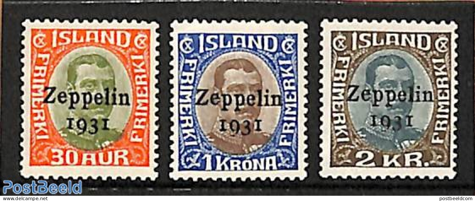 Iceland 1931 Zeppelin 1931 Overprints 3v, Mint NH, Transport - Zeppelins - Unused Stamps