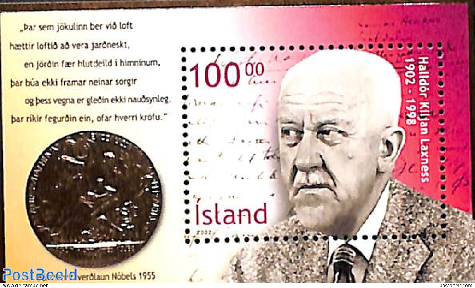 Iceland 2002 H.K. Laxness S/s Printed With Gold, Mint NH, History - Nobel Prize Winners - Art - Authors - Handwriting .. - Neufs