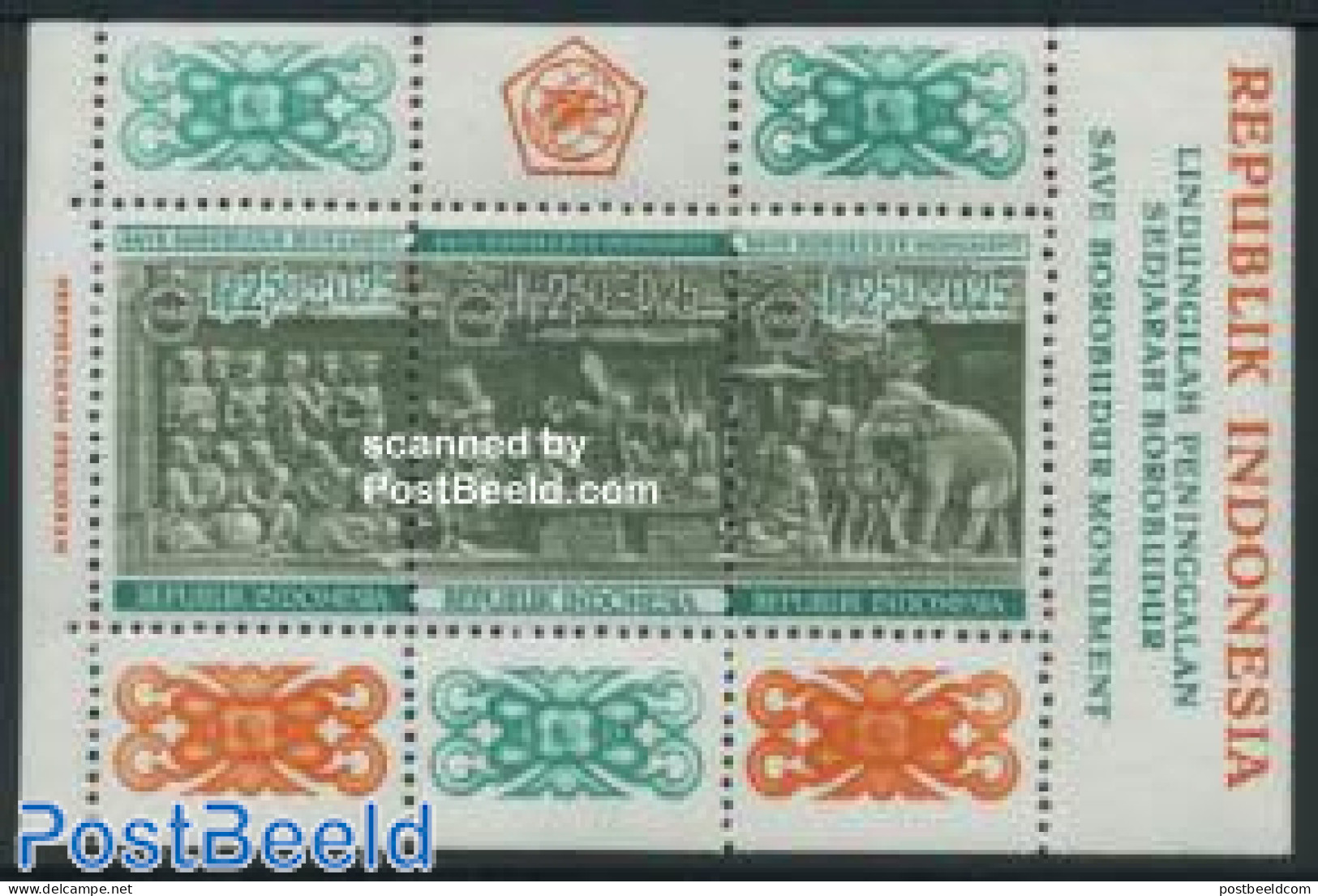 Indonesia 1968 Borobudur S/s, Mint NH, Nature - Religion - Elephants - Religion - Art - Sculpture - Skulpturen