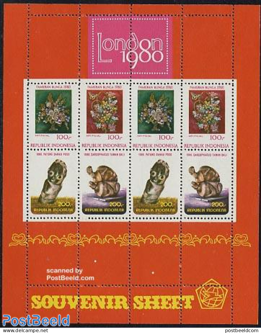 Indonesia 1980 London 1980 S/s, Mint NH, History - Nature - Archaeology - Flowers & Plants - Turtles - Philately - Art.. - Archéologie