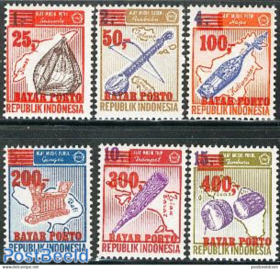 Indonesia 1978 Postage Due 6v, Mint NH, Performance Art - Various - Music - Musical Instruments - Maps - Musique