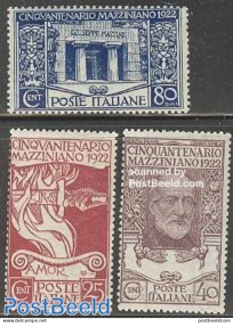 Italy 1922 Mazzini 3v, Mint NH, History - Politicians - Other & Unclassified