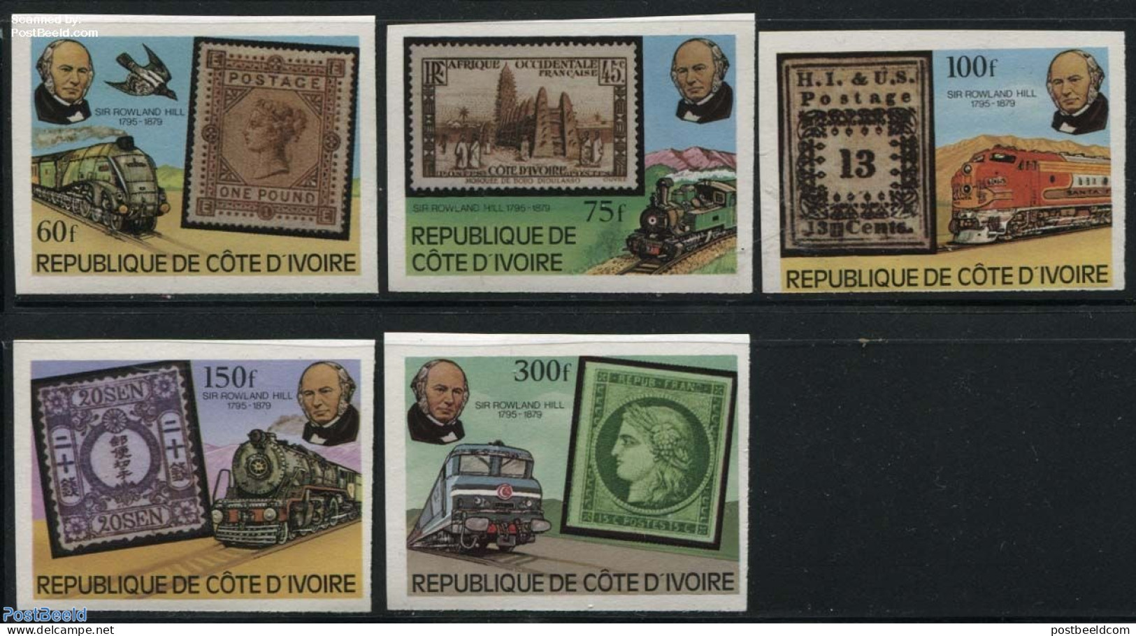 Ivory Coast 1979 Sir Rowland Hill 5v Imperforated, Mint NH, Nature - Transport - Birds - Sir Rowland Hill - Stamps On .. - Neufs