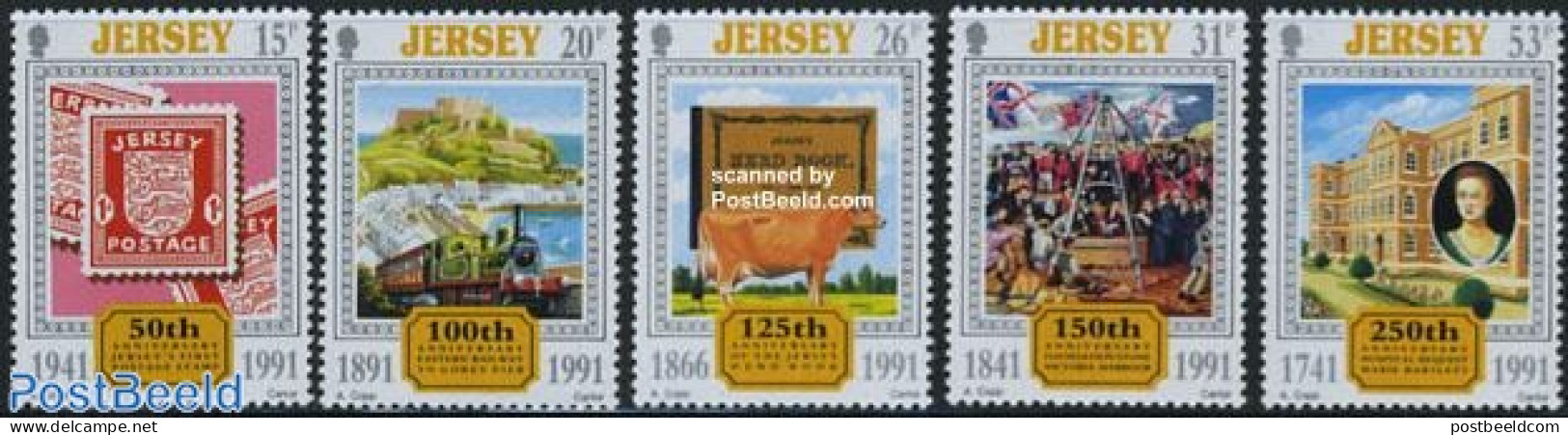 Jersey 1991 Anniversaries 5v, Mint NH, Nature - Transport - Cattle - Stamps On Stamps - Railways - Art - Books - Stamps On Stamps