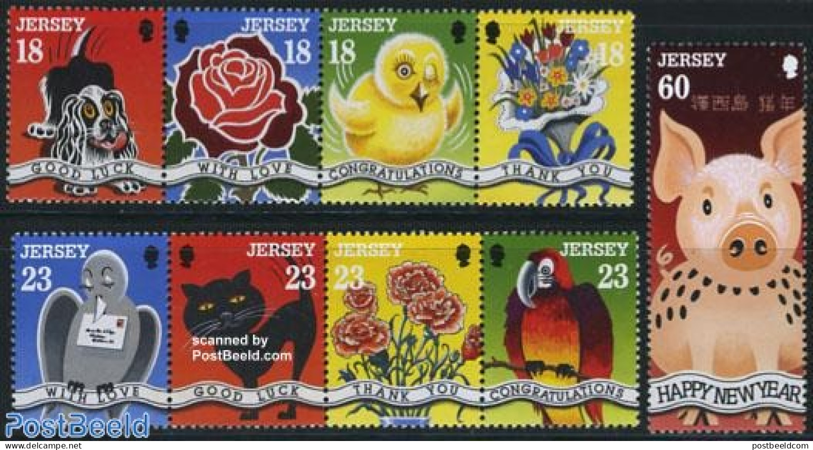 Jersey 1995 Greeting Stamps 9v (1v+2x[:::]), Mint NH, Nature - Various - Birds - Cats - Dogs - Flowers & Plants - Poul.. - New Year