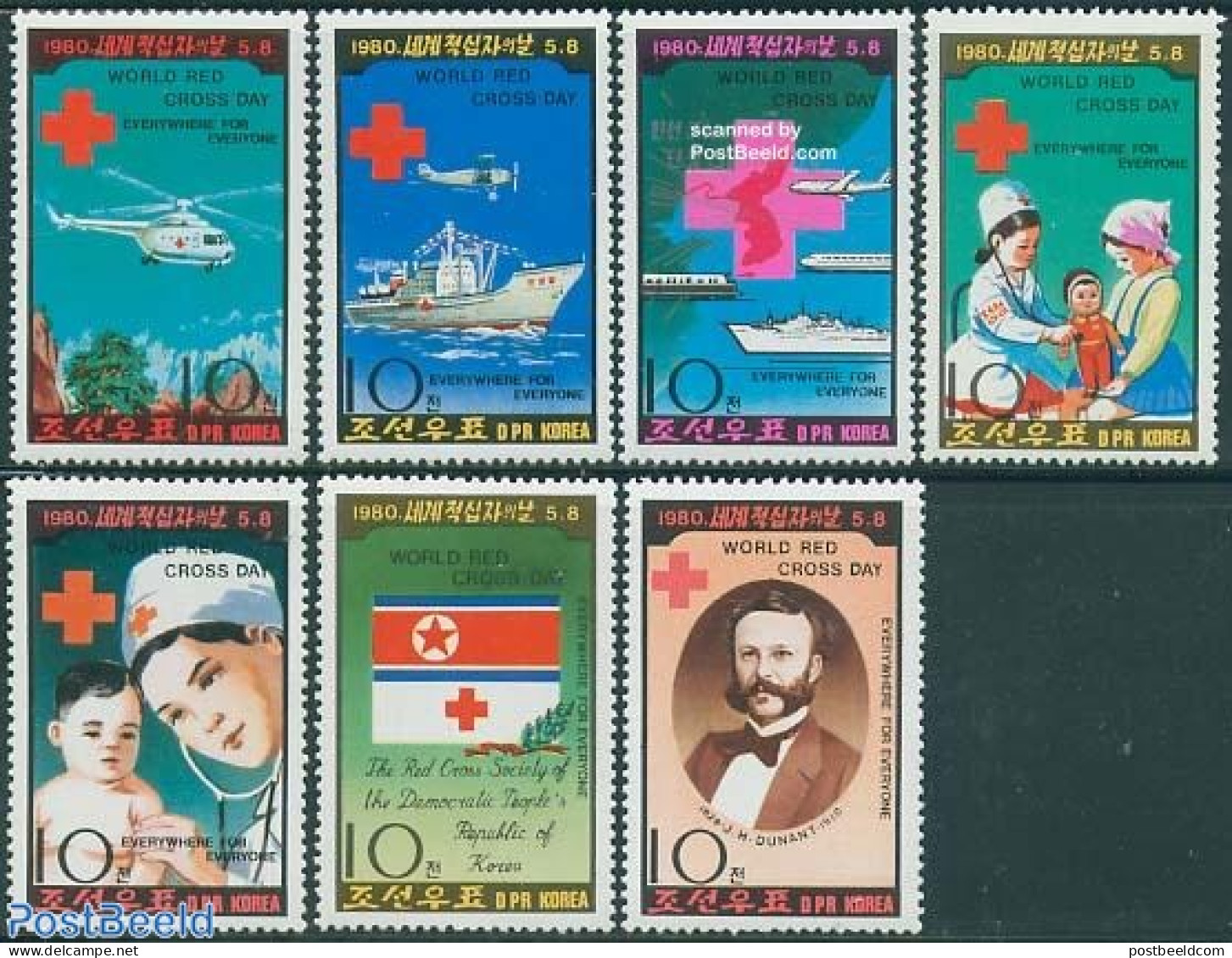 Korea, North 1980 Red Cross Day 7v, Mint NH, Health - Transport - Various - Red Cross - Helicopters - Aircraft & Aviat.. - Rotes Kreuz