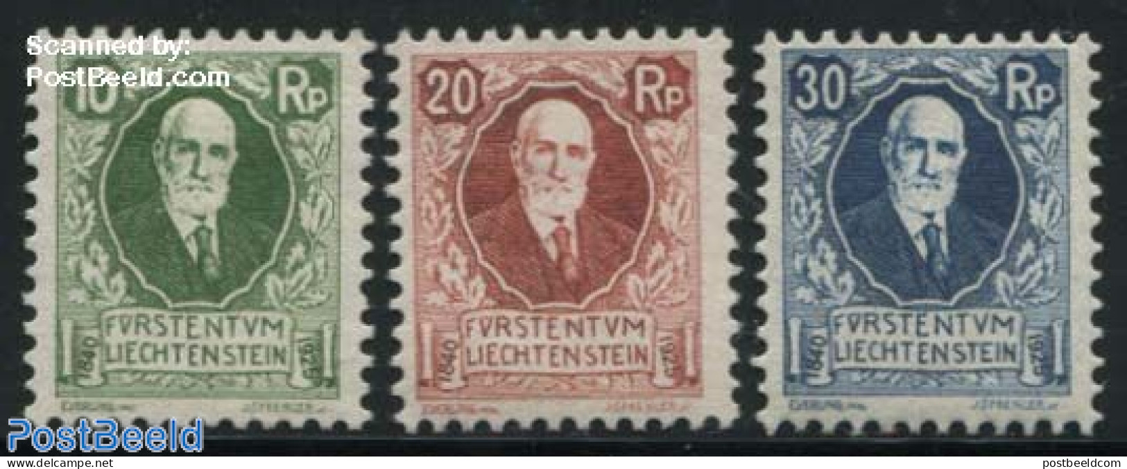 Liechtenstein 1925 John II 85th Birthday 3v, Mint NH, History - Kings & Queens (Royalty) - Ungebraucht