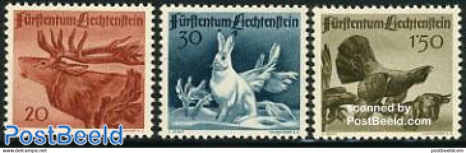 Liechtenstein 1946 Animals 3v, Mint NH, Nature - Animals (others & Mixed) - Birds - Deer - Poultry - Rabbits / Hares - Ongebruikt