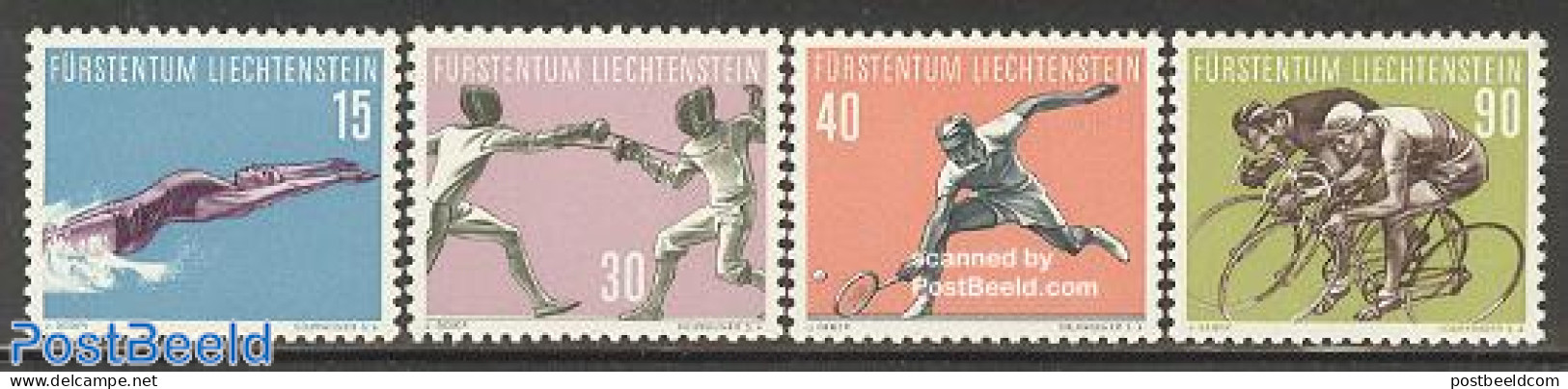 Liechtenstein 1958 Sports 4v, Mint NH, Sport - Cycling - Fencing - Sport (other And Mixed) - Swimming - Tennis - Neufs