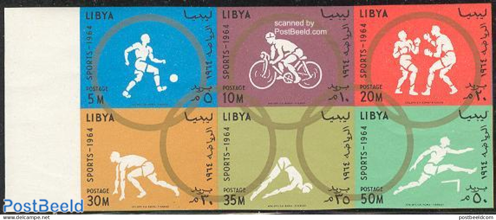 Libya Kingdom 1964 Olympic Games Tokyo 6v Inperforated [++], Mint NH, Sport - Athletics - Boxing - Cycling - Football .. - Athlétisme