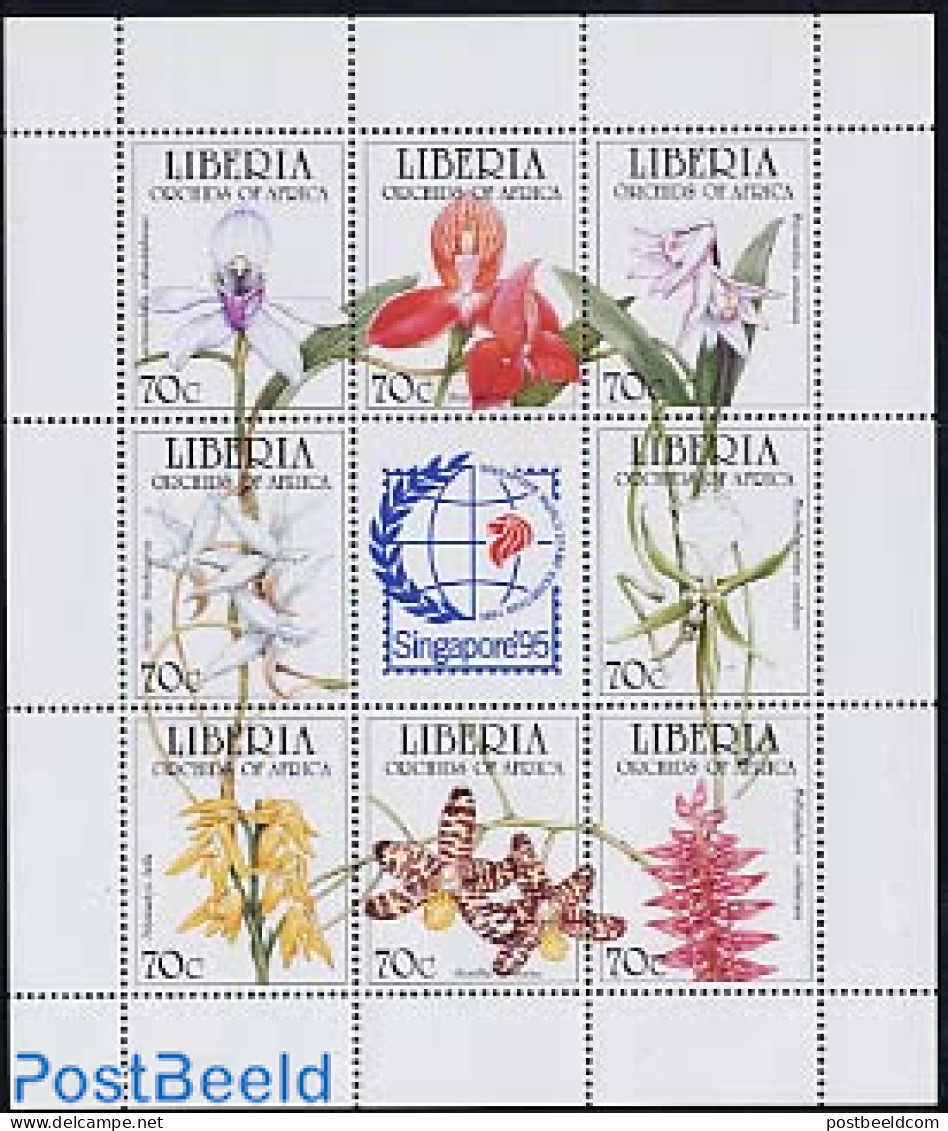 Liberia 1995 Singapore, Orchids 8v M/s, Mint NH, Nature - Flowers & Plants - Orchids - Sonstige & Ohne Zuordnung