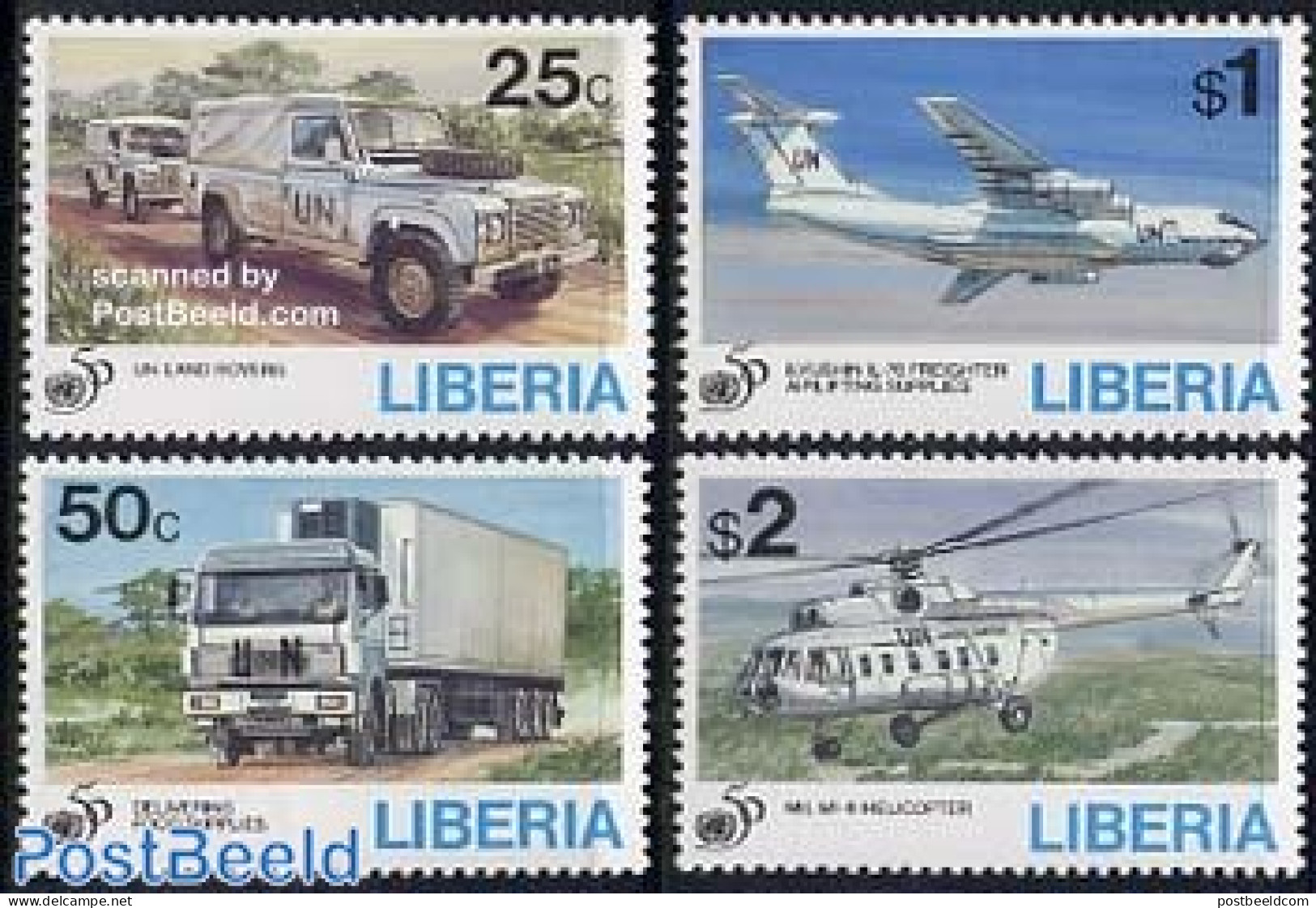 Liberia 1995 50 Years UNO 4v, Mint NH, History - Transport - United Nations - Automobiles - Helicopters - Aircraft & A.. - Cars