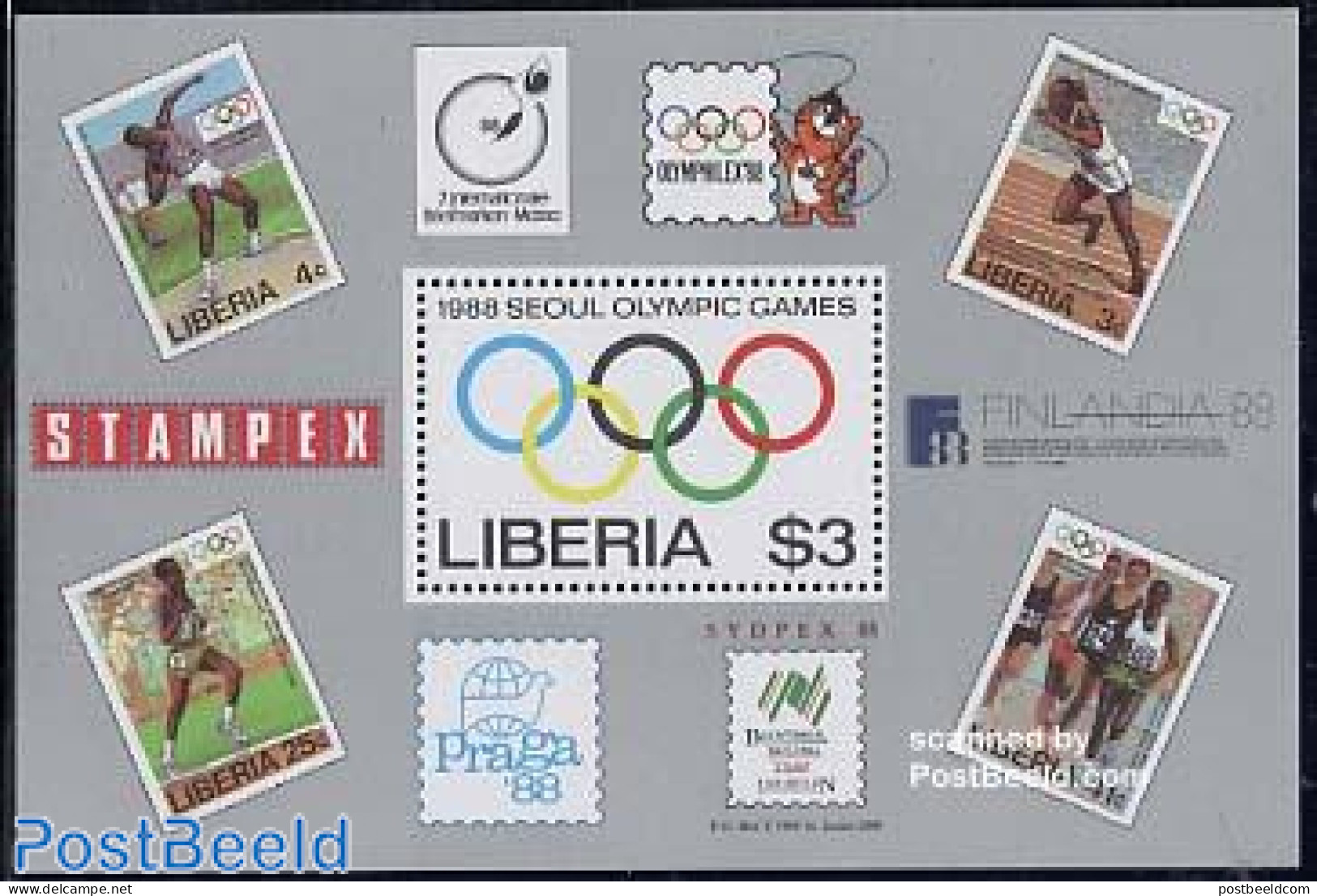 Liberia 1988 Olympic Games Seoul S/s, Mint NH, Sport - Olympic Games - Stamps On Stamps - Stamps On Stamps