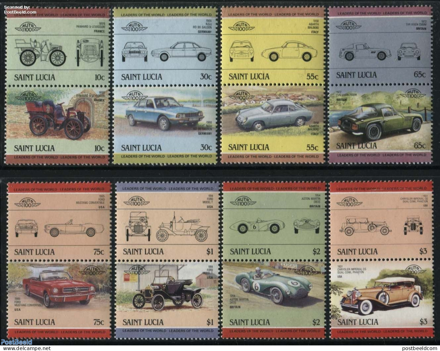 Saint Lucia 1984 Automobiles 8x2v [:] (Panhard,NSU,TVR,Ford,Aston M, Mint NH, Transport - Automobiles - Cars