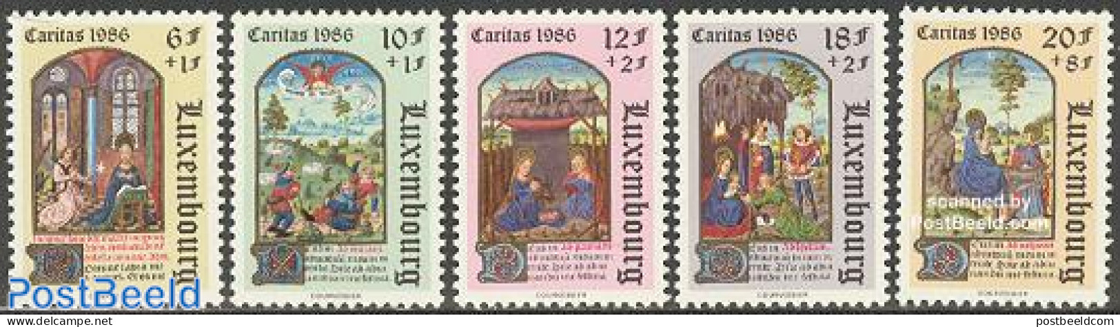 Luxemburg 1986 Caritas, Miniatures 5v, Mint NH, Religion - Bible Texts - Christmas - Art - Books - Paintings - Neufs