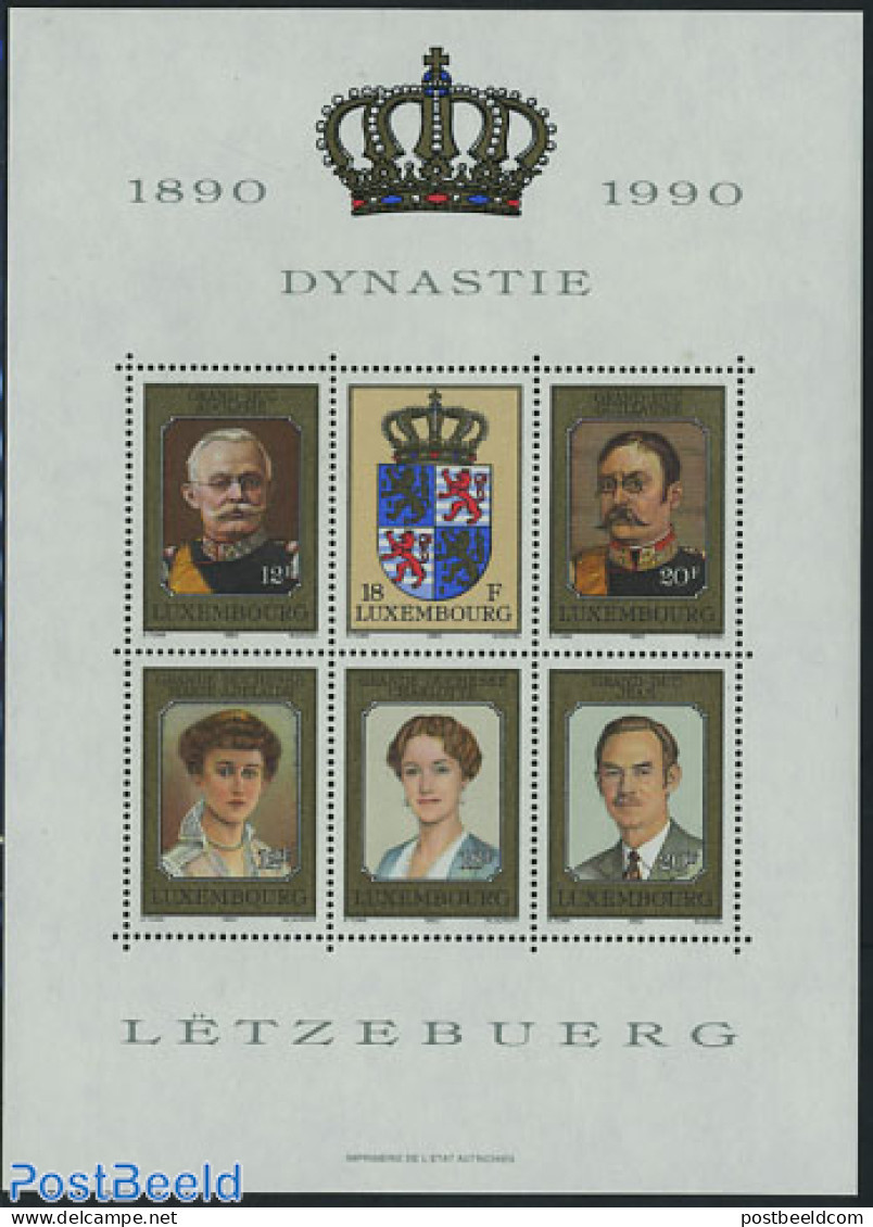Luxemburg 1990 Dynasty Centenary S/s, Mint NH, History - Coat Of Arms - Kings & Queens (Royalty) - Ungebraucht