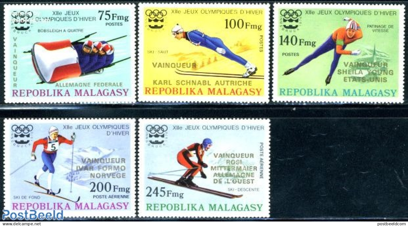 Madagascar 1976 Winter Olympic Games 5v, Overprints In Gold Colour, Mint NH, Sport - Olympic Winter Games - Skating - .. - Skisport