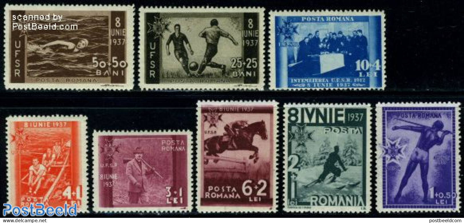 Romania 1937 Sports 8v, Mint NH, Nature - Sport - Horses - Athletics - Football - Kayaks & Rowing - Skiing - Sport (ot.. - Ongebruikt