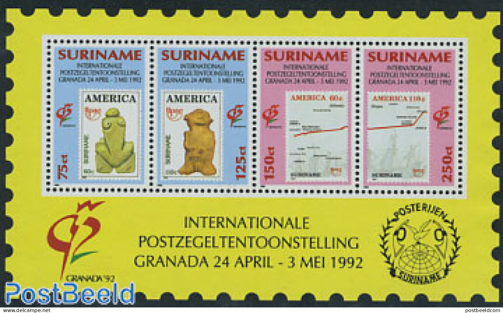 Suriname, Republic 1992 Granada Exposition S/s, Mint NH, History - Various - Archaeology - Stamps On Stamps - U.P.A.E... - Archéologie