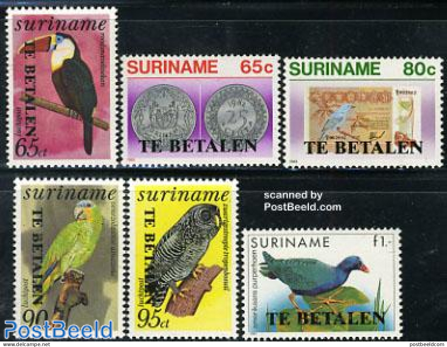 Suriname, Republic 1988 Postage Due Overprints 6v, Mint NH, Nature - Various - Birds - Parrots - Money On Stamps - Tou.. - Monnaies