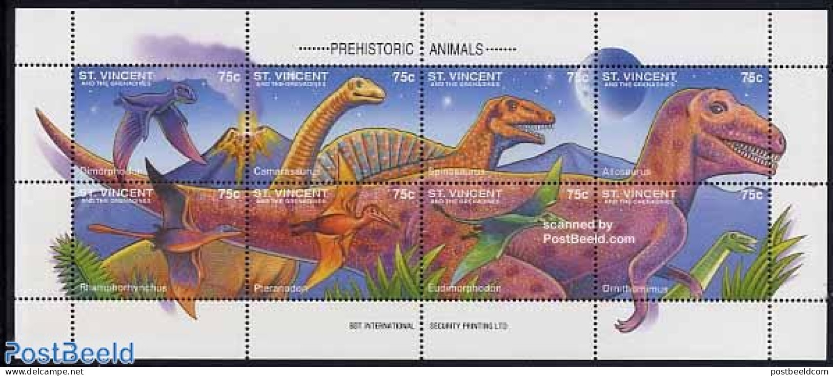 Saint Vincent 1994 Preh. Animals 8v M/s, Dimorphodon, Mint NH, Nature - Prehistoric Animals - Préhistoriques
