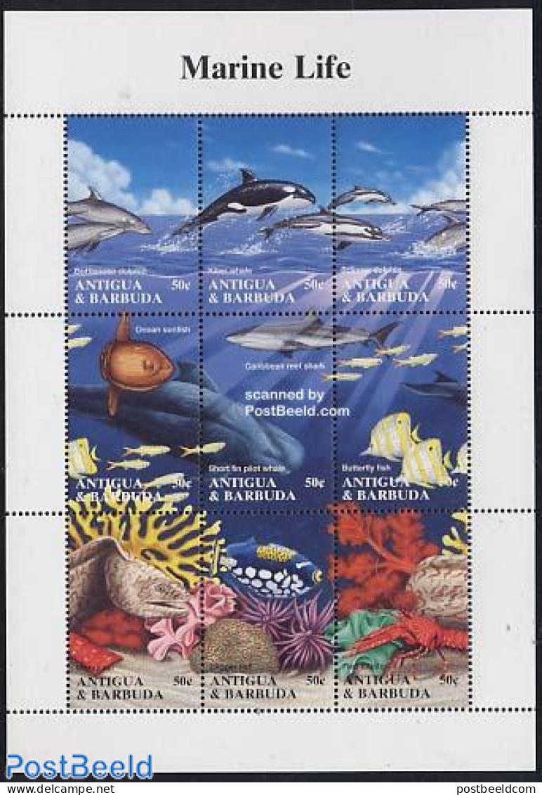 Antigua & Barbuda 1994 Marine Life 9v M/s, Mint NH, Nature - Fish - Sea Mammals - Corals - Sharks - Fische