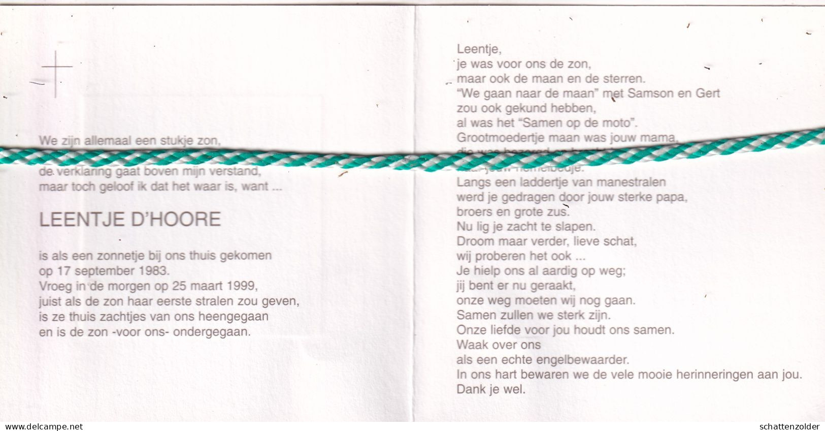 Leentje D'Hoore, 1983, 1999. Foto Dameshoed - Obituary Notices