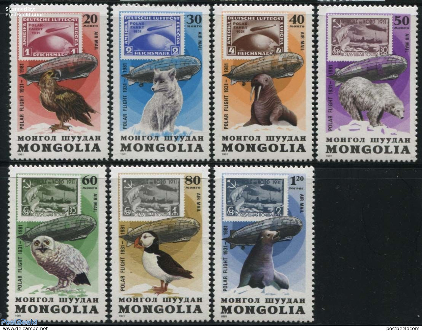 Mongolia 1981 Zeppelin Polar Flight 7v, Mint NH, Nature - Science - Transport - Birds - Owls - The Arctic & Antarctica.. - Stamps On Stamps