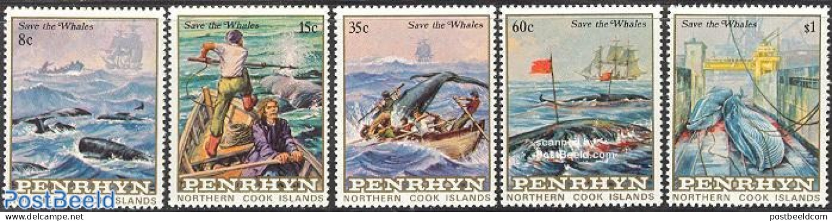 Penrhyn 1983 Save The Whales 5v, Mint NH, Nature - Transport - Animals (others & Mixed) - Fishing - Sea Mammals - Ship.. - Fische
