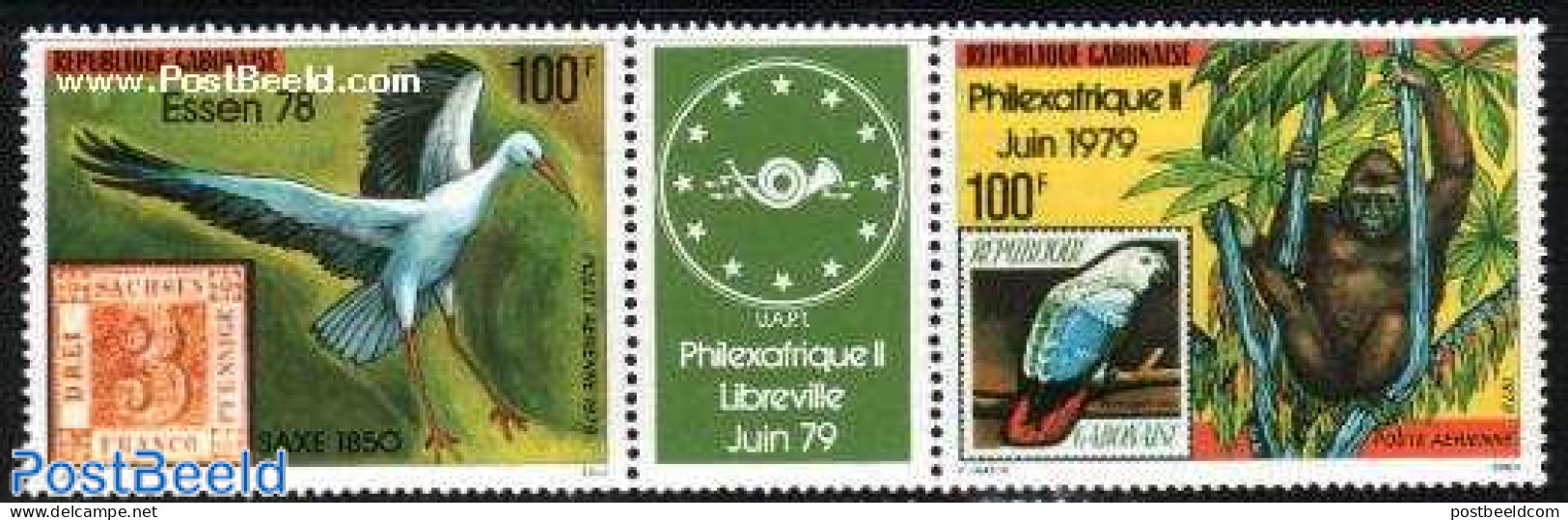Gabon 1978 Philexafrique 2v+tab [:T:], Mint NH, Nature - Animals (others & Mixed) - Birds - Monkeys - Stamps On Stamps.. - Unused Stamps