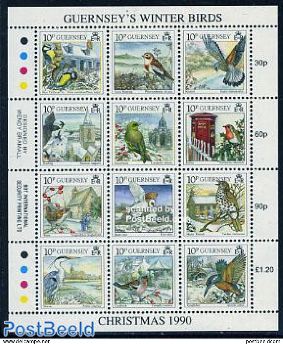 Guernsey 1990 Christmas, Birds 12v M/s, Mint NH, Nature - Religion - Various - Birds - Dogs - Owls - Christmas - Light.. - Kerstmis