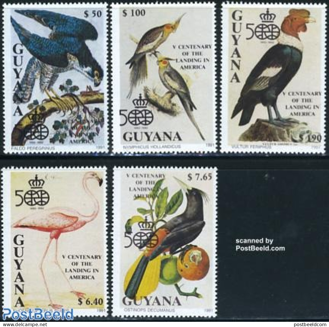 Guyana 1991 Discovery Of America, Birds 5v, Mint NH, Nature - Birds - Birds Of Prey - Poultry - Flamingo - Guyana (1966-...)
