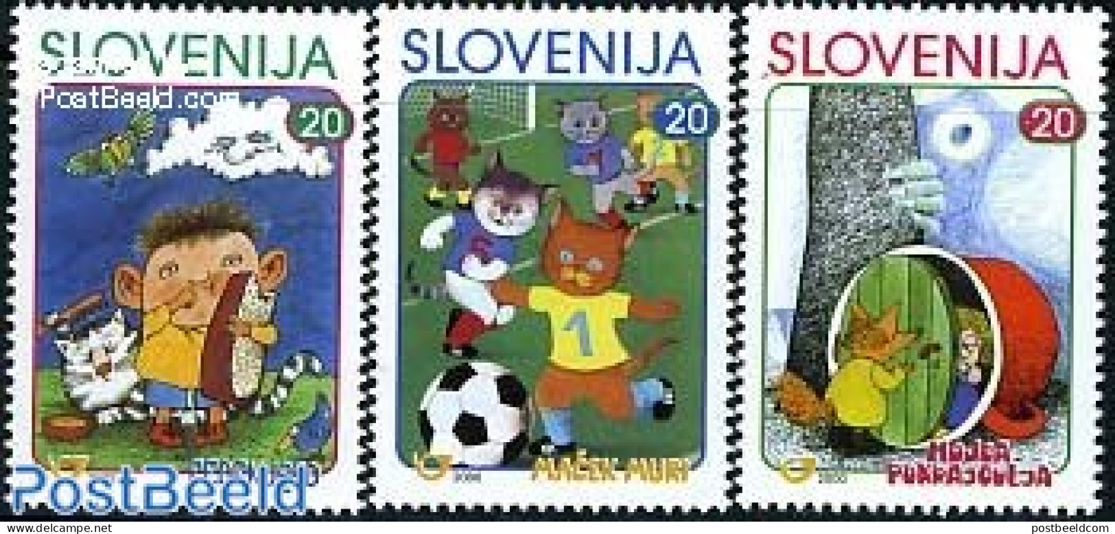 Slovenia 2000 Children Book Illustrations 3v, Mint NH, Nature - Sport - Cats - Football - Art - Children's Books Illus.. - Slovénie